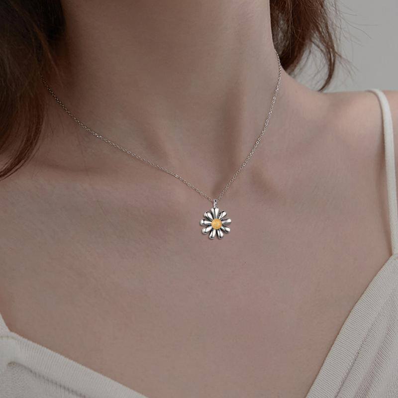 Sterling Silver Two-tone Daisy Urn Necklace for Ashes with Rolo Chain-5