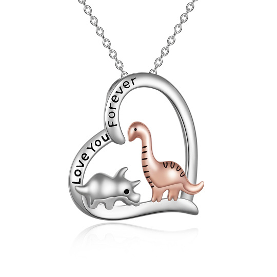 Collana bicolore d'argento con ciondolo a forma di dinosauro e cuore con parola incisa