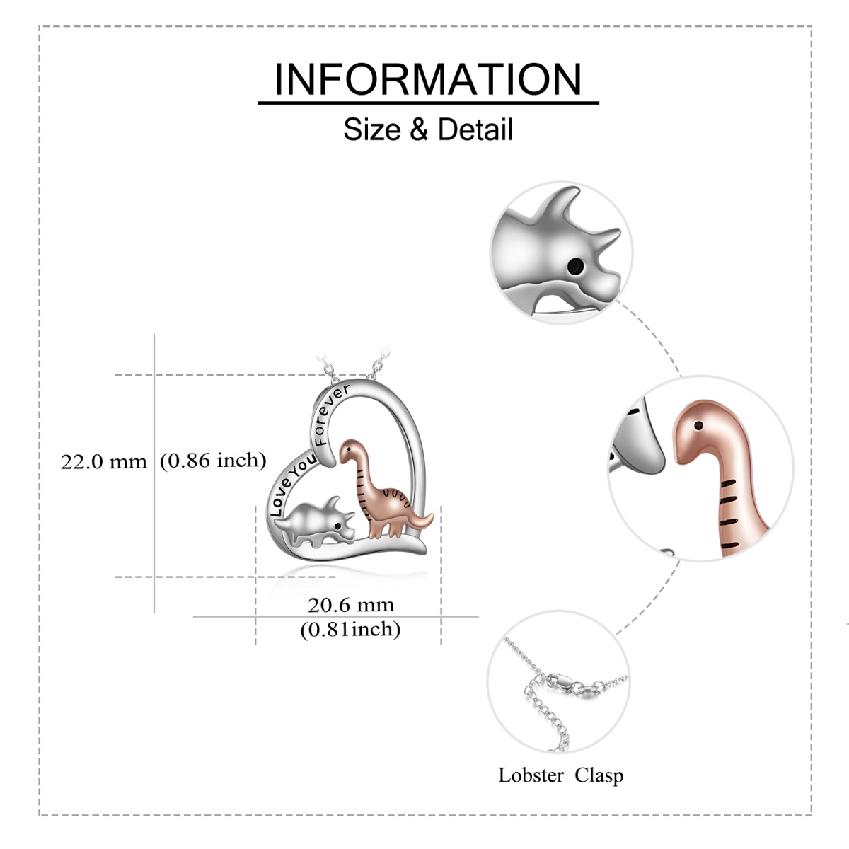 Sterling Silber zweifarbig Dinosaurier & Herz Anhänger Halskette mit eingraviertem Wort-6