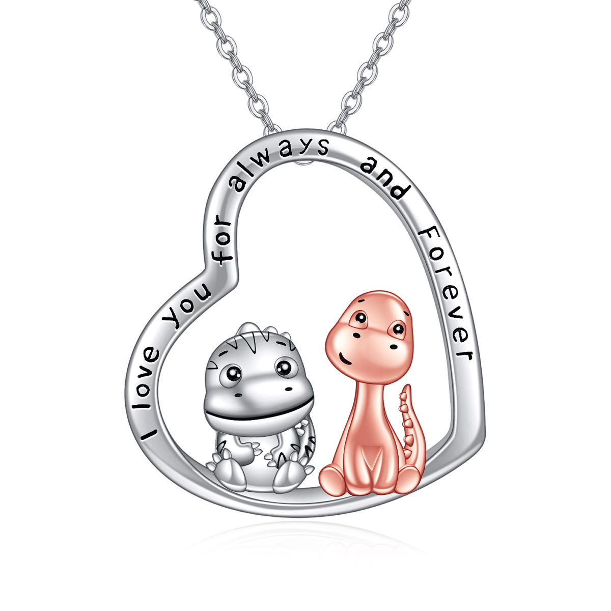 Collar de plata de ley en dos tonos con colgante de corazón de mamá y bebé dinosaurio con palabra grabada-1