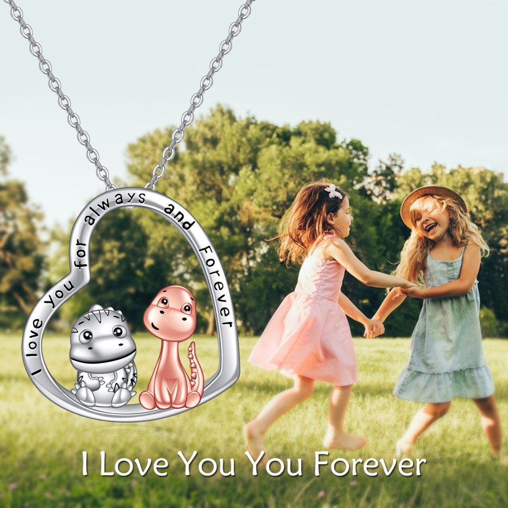 Sterling Silver Two-tone Dinosaur Mom & Baby Heart Pendant Necklace with Engraved Word-3