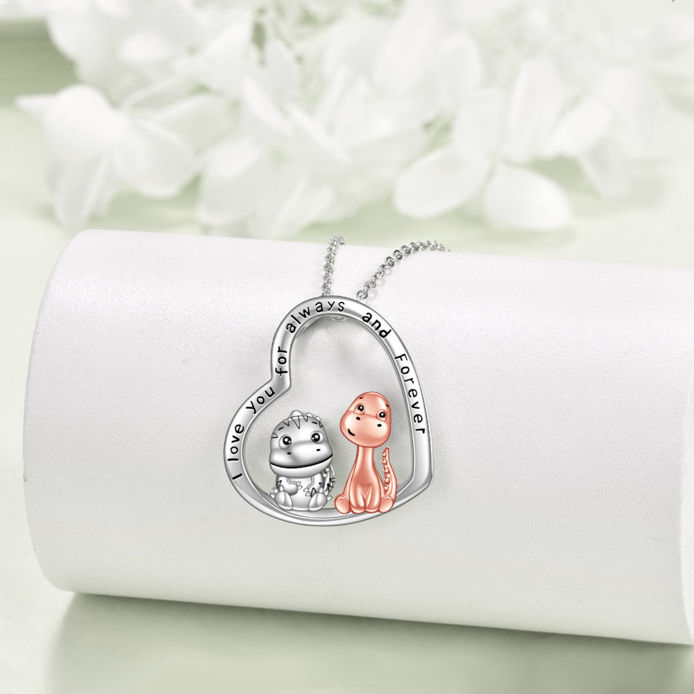 Sterling Silver Two-tone Dinosaur Mom & Baby Heart Pendant Necklace with Engraved Word-4