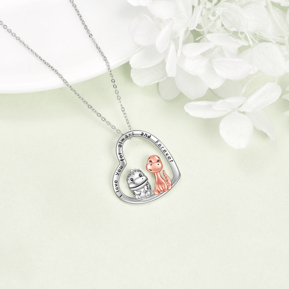Sterling Silver Two-tone Dinosaur Mom & Baby Heart Pendant Necklace with Engraved Word-5