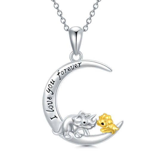 Sterling Silver Two-tone Dinosaur & Moon Pendant Necklace with Engraved Word