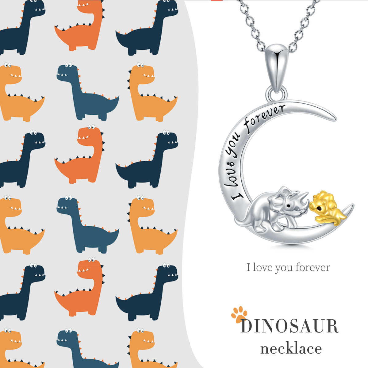 Collar con colgante de luna de dinosaurio de dos tonos de plata de ley con palabra grabada-6