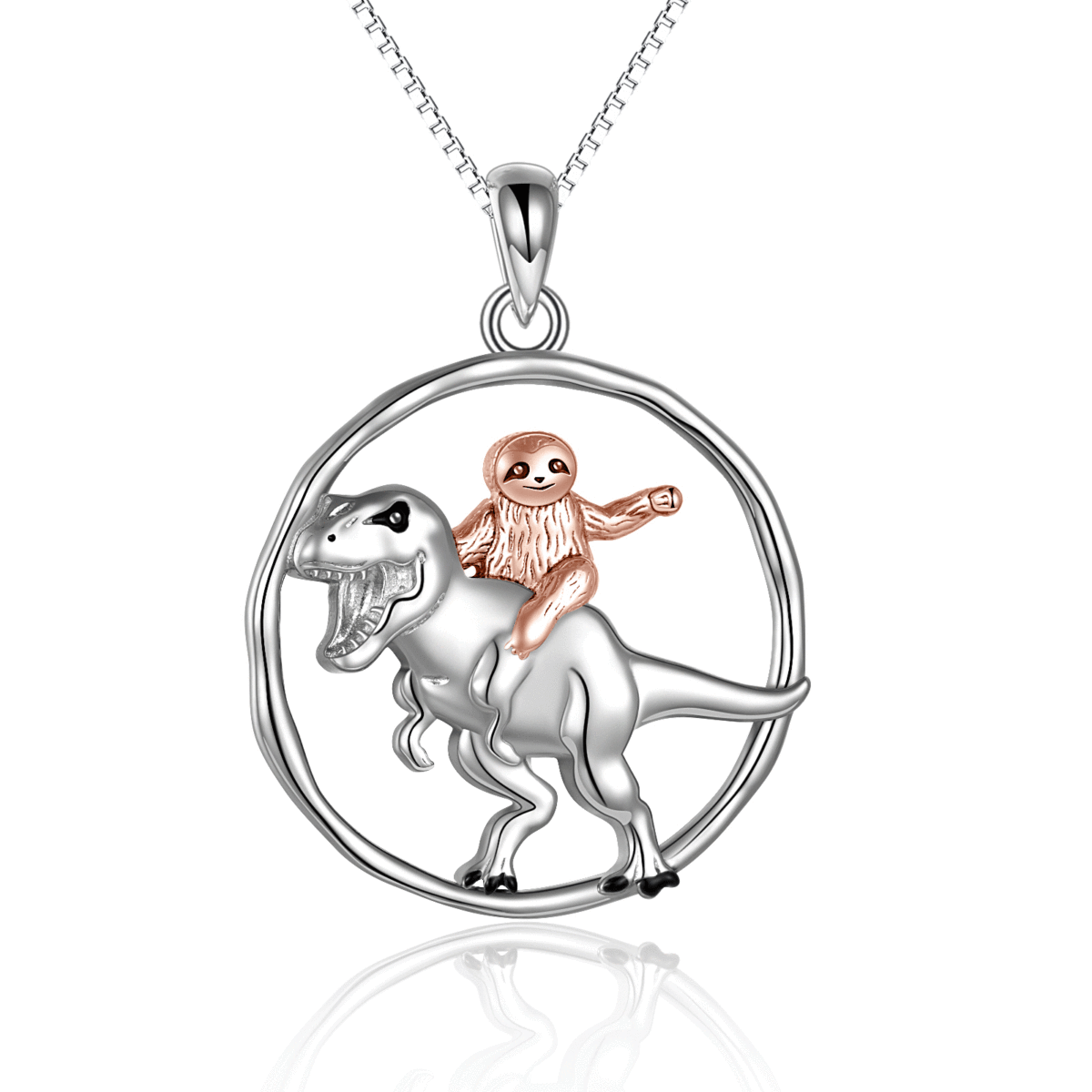 Collier en argent sterling avec pendentif dinosaure et paresseux bicolore-1