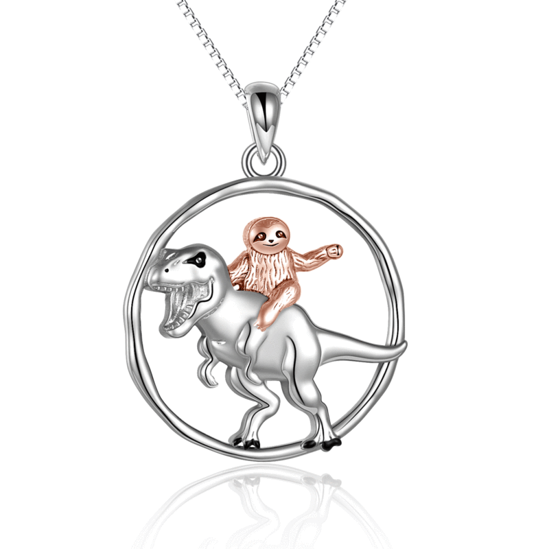Collana bicolore in argento sterling con ciondolo a forma di dinosauro e bradipo-11