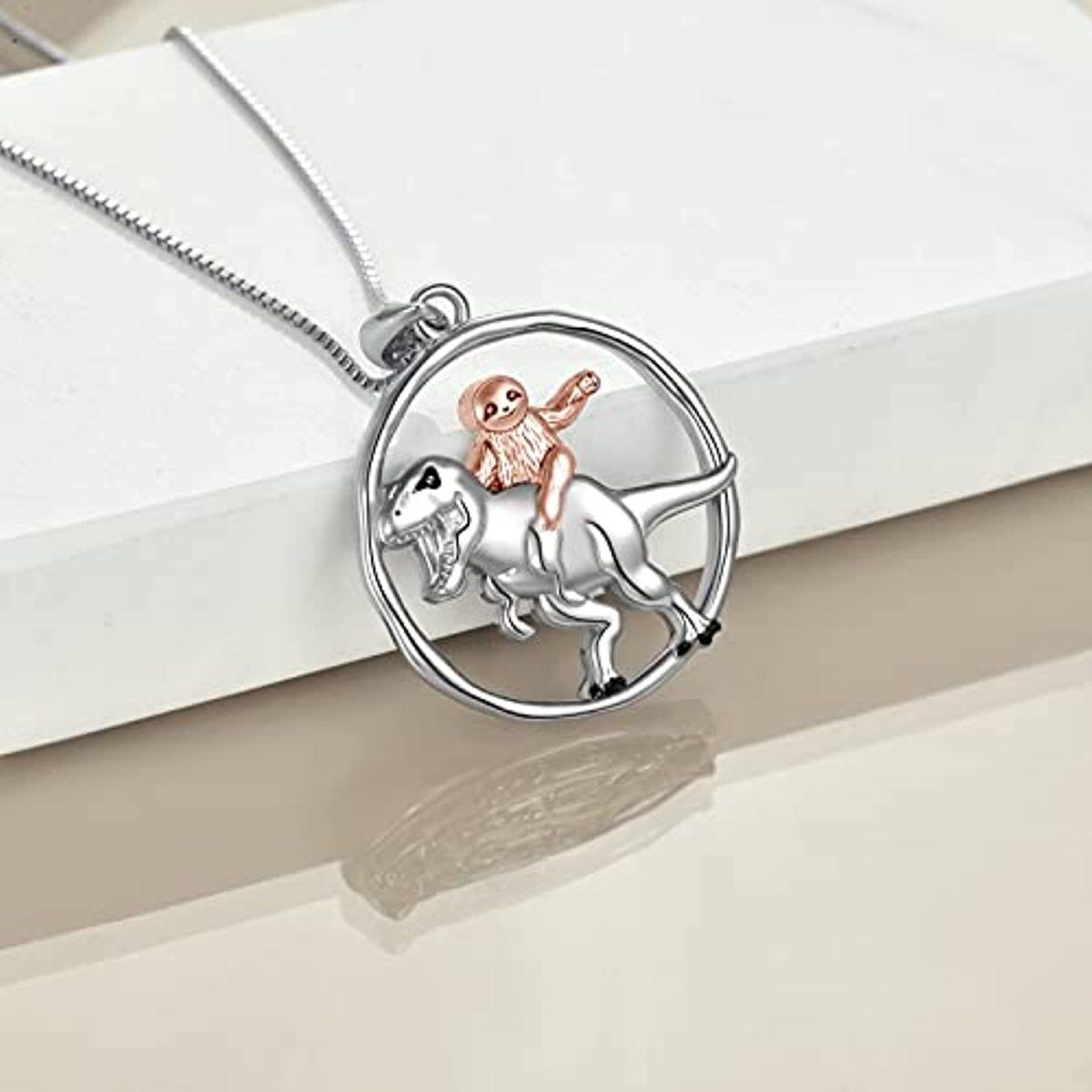 Sterling Silver Two-tone Dinosaur & Sloth Pendant Necklace-4