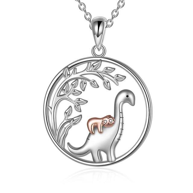 Collier en argent sterling avec pendentif dinosaure, paresseux et arbre de vie bicolore-1