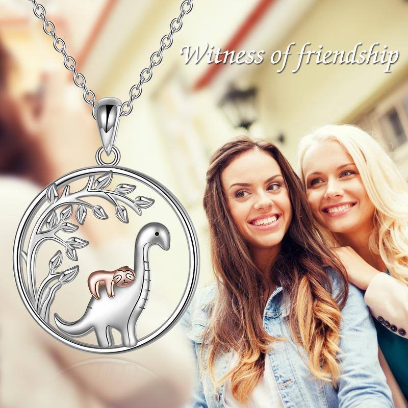 Sterling Silver Two-tone Dinosaur & Sloth & Tree Of Life Pendant Necklace-6