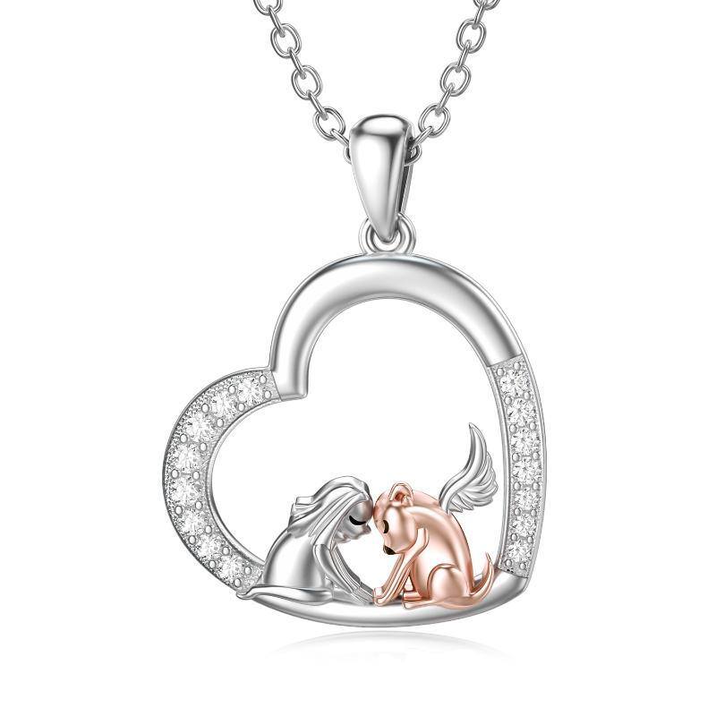 Sterling Silver Two-tone Cubic Zirconia Dog & Angel Wing Heart Pendant Necklace-16