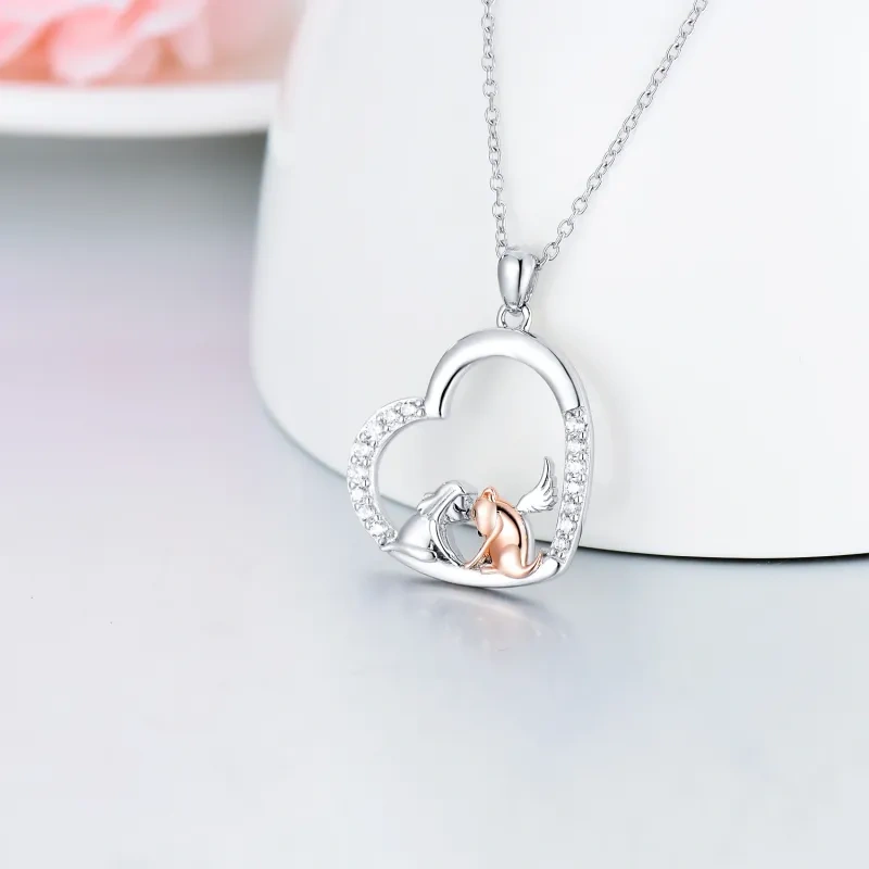 Sterling Silver Two-tone Cubic Zirconia Dog & Angel Wing Heart Pendant Necklace-3