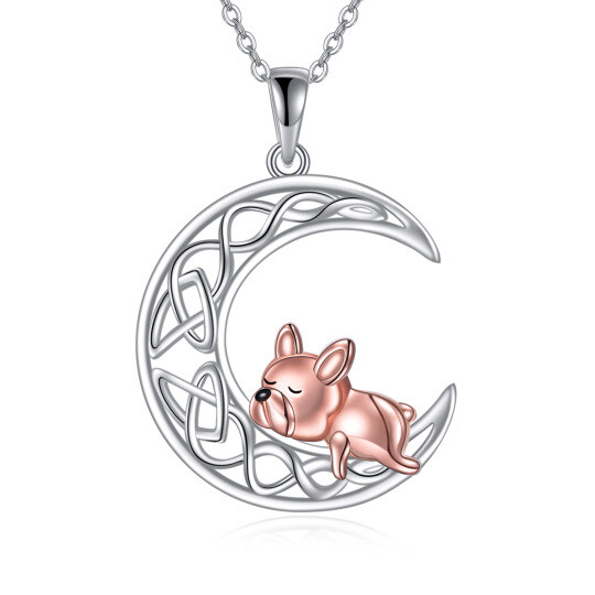 Sterling Silver Two-tone Dog & Celtic Knot & Moon Pendant Necklace