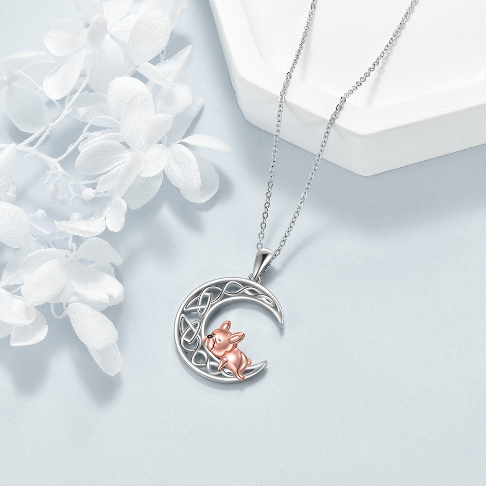 Sterling Silver Two-Tone Dog With Celtic Knot Moon Pendant Necklace For Women-4