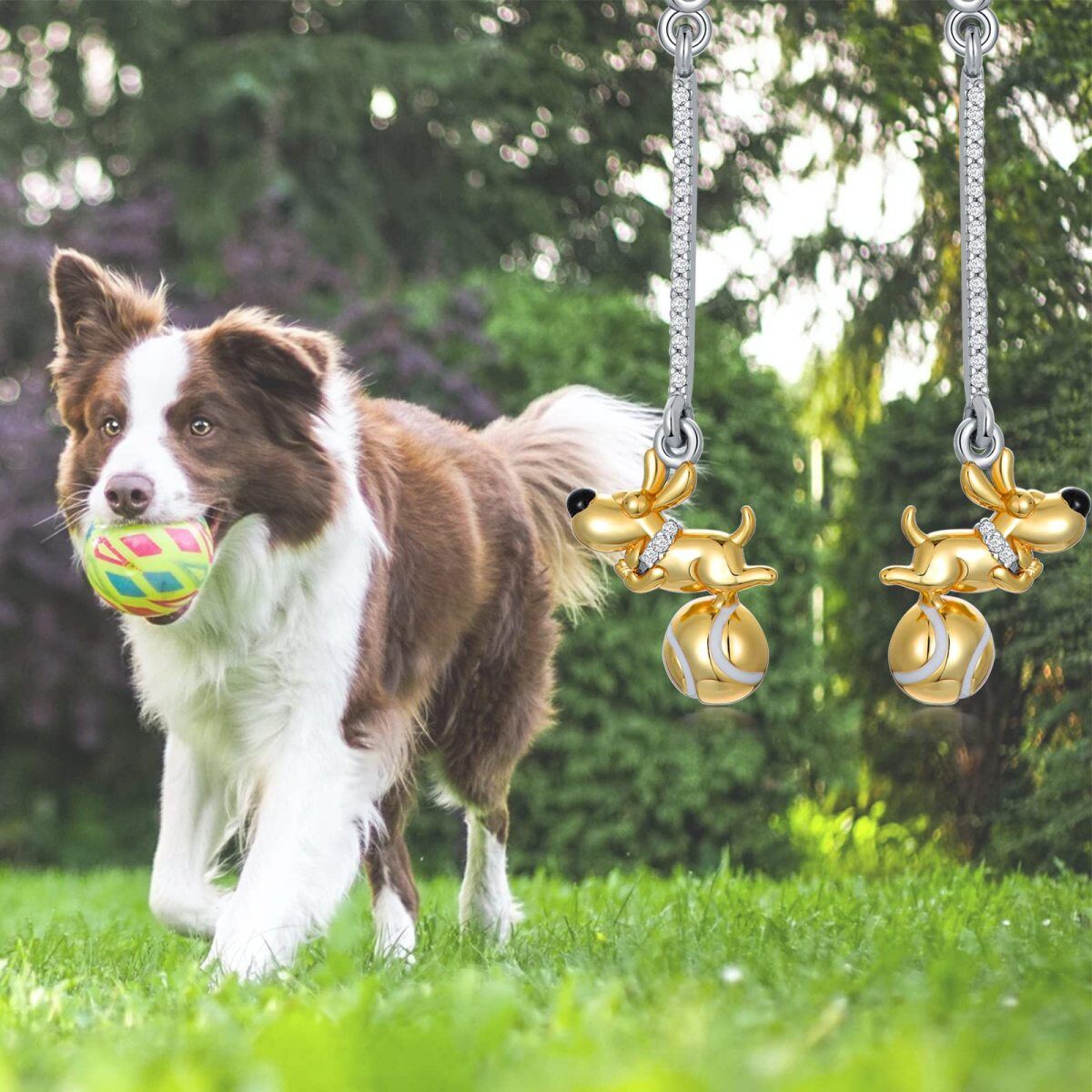 Pendientes colgantes de perro con circonita cúbica de dos tonos en plata de ley-6