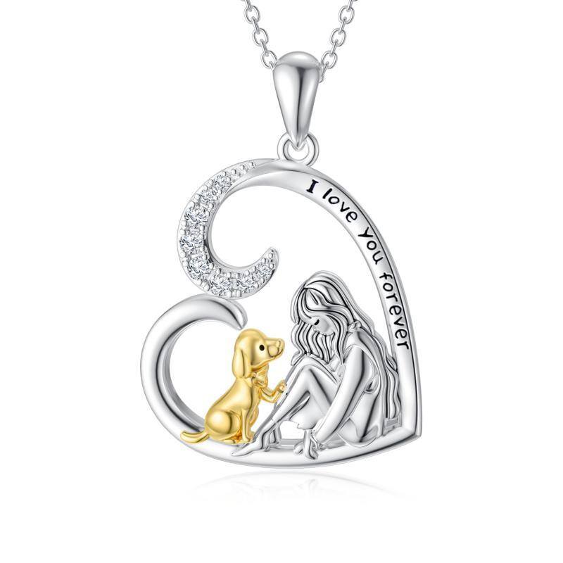 Sterling Silver Two-tone Cubic Zirconia Dog & Girl Heart Pendant Necklace-1