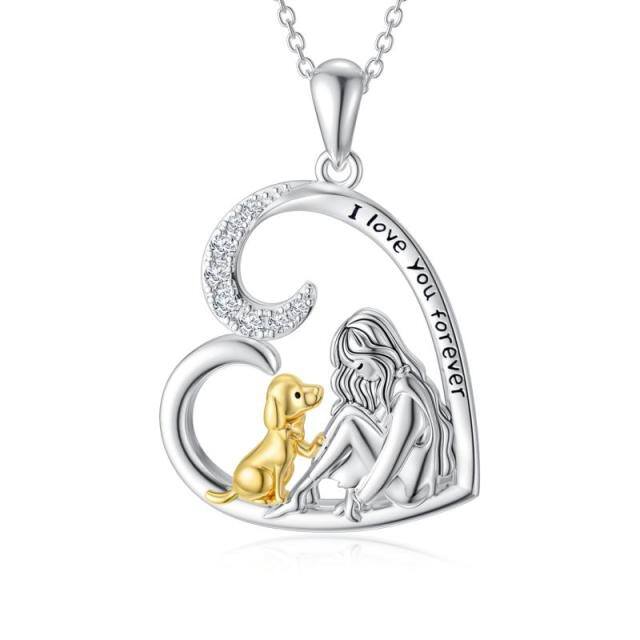 Sterling Silver Two-tone Cubic Zirconia Dog & Girl Heart Pendant Necklace-3