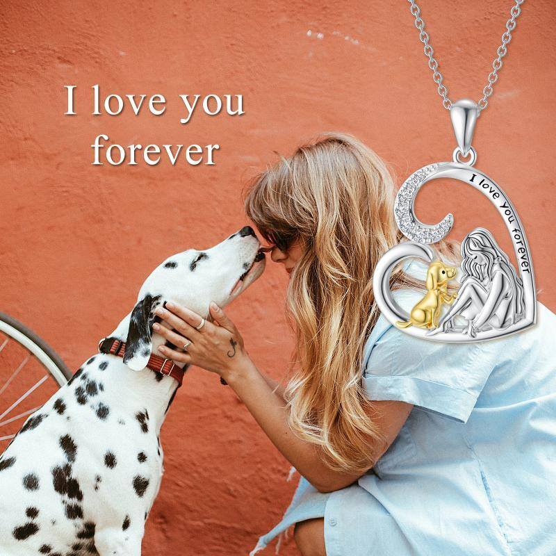 Collier en argent sterling avec pendentif en forme de coeur de chien et de fille en zircon cubique bicolore-3