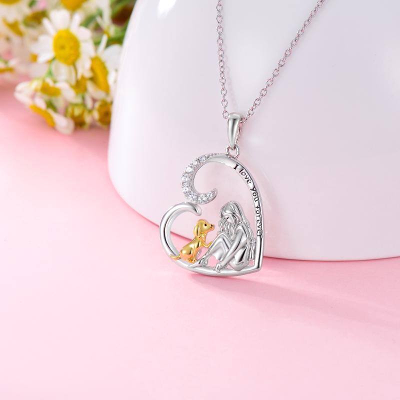 Sterling Silver Two-tone Cubic Zirconia Dog & Girl Heart Pendant Necklace-4