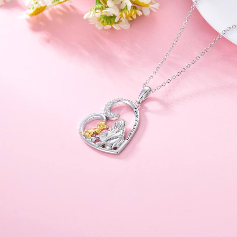 Plata de ley de dos tonos de circonio cúbico perro y niña collar colgante de corazón-5