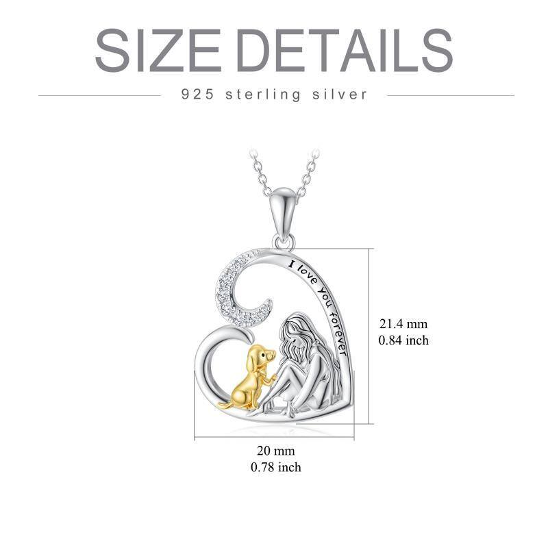 Sterling Silver Two-tone Cubic Zirconia Dog & Girl Heart Pendant Necklace-6