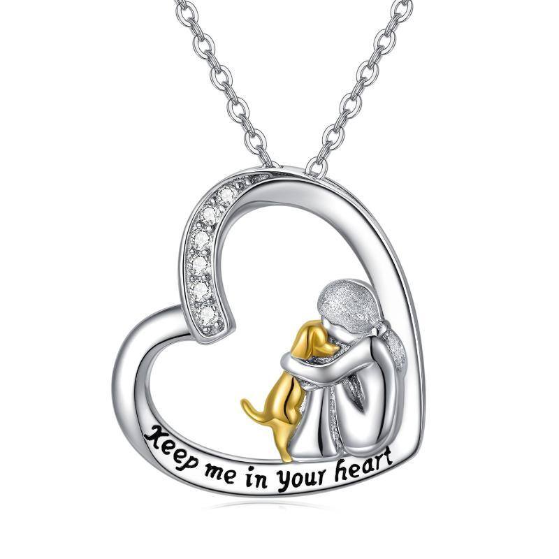 Sterling Silver Two-tone Cubic Zirconia Dog & Heart Pendant Necklace with Engraved Word-1