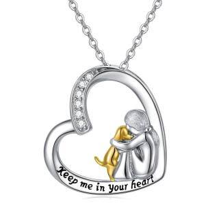 Sterling Silver Two-tone Cubic Zirconia Dog & Heart Pendant Necklace with Engraved Word-38