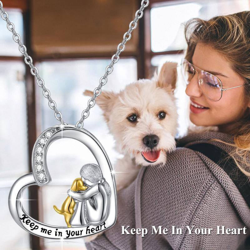 Sterling Silver Two-tone Cubic Zirconia Dog & Heart Pendant Necklace with Engraved Word-3