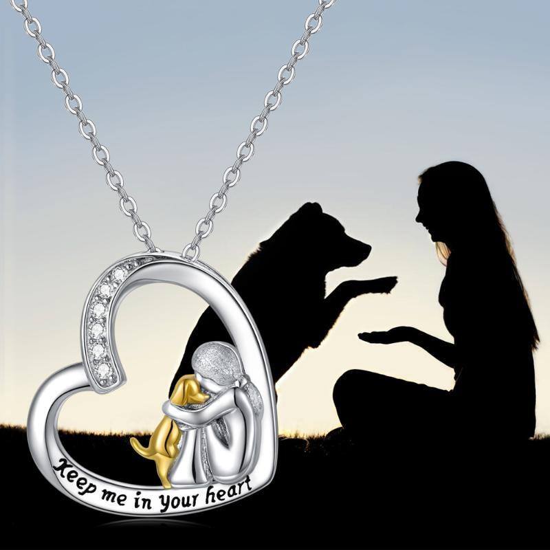 Sterling Silver Two-tone Cubic Zirconia Dog & Heart Pendant Necklace with Engraved Word-4