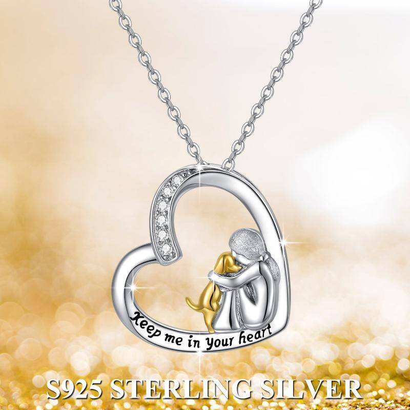 Sterling Silver Two-tone Cubic Zirconia Dog & Heart Pendant Necklace with Engraved Word-7