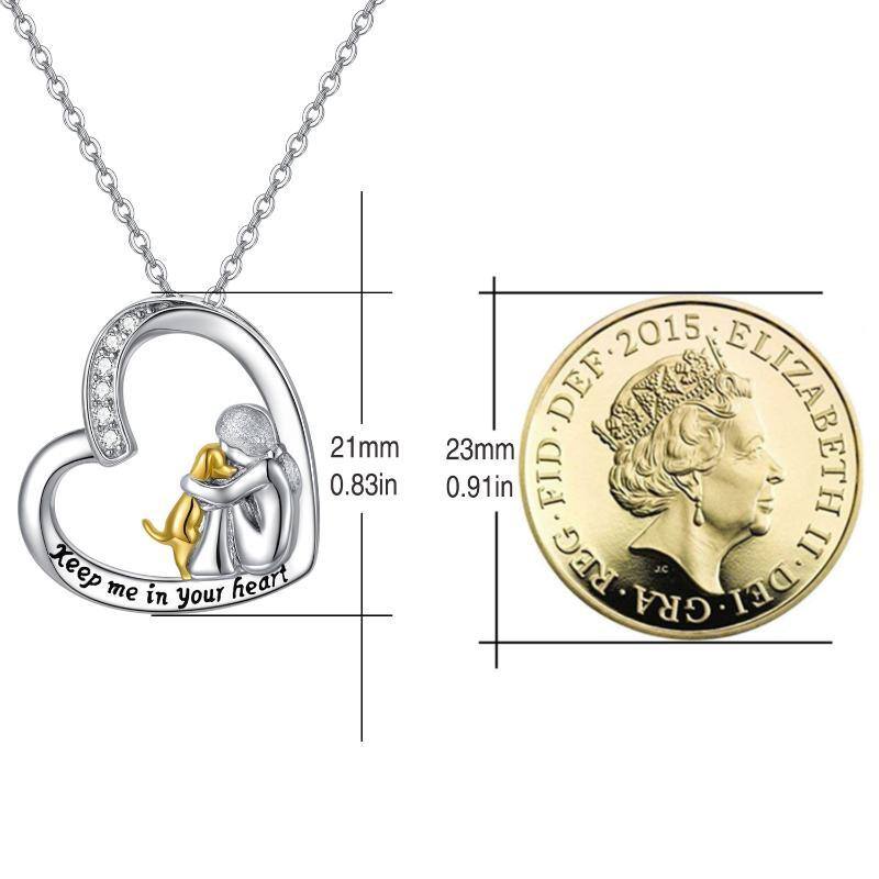 Sterling Silver Two-tone Cubic Zirconia Dog & Heart Pendant Necklace with Engraved Word-8