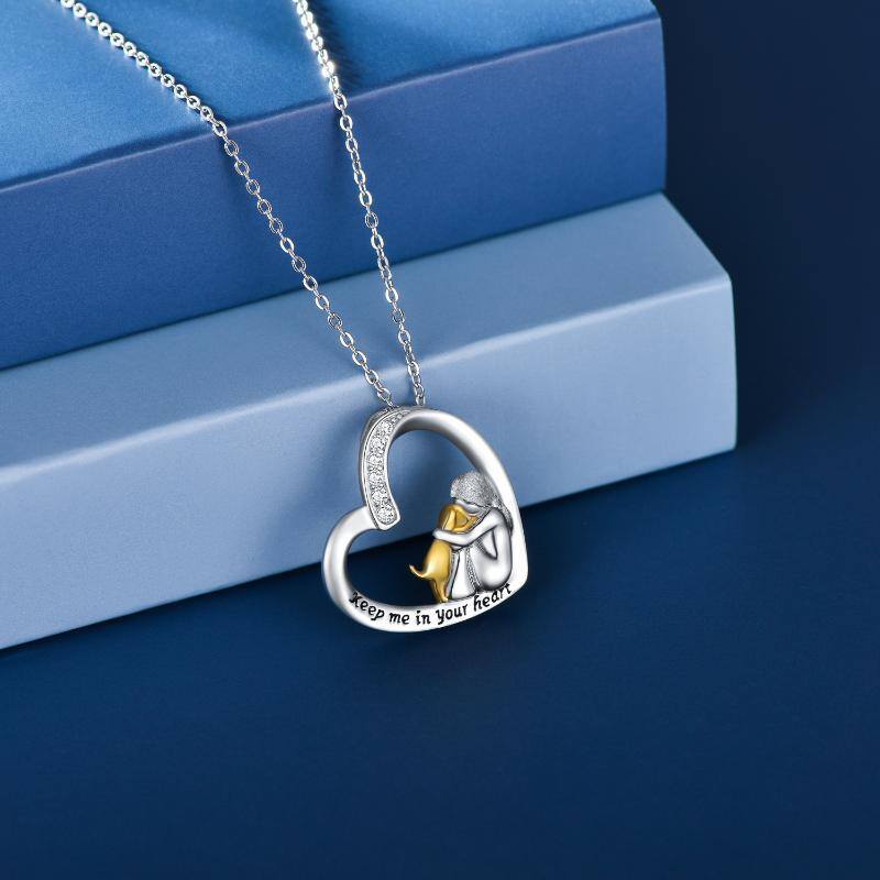 Sterling Silver Two-tone Cubic Zirconia Dog & Heart Pendant Necklace with Engraved Word-9