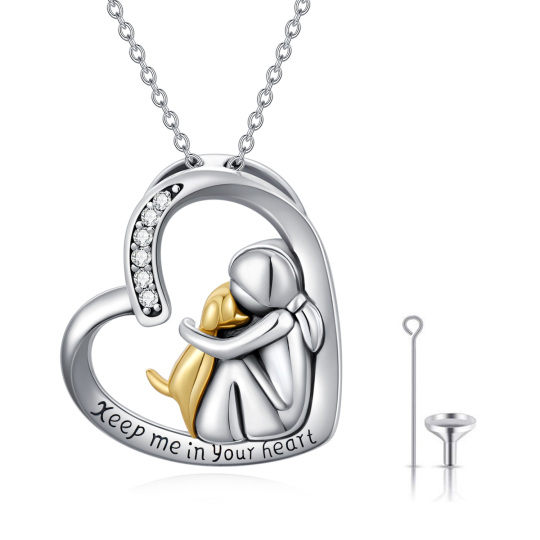 Collana d'argento bicolore con cani e cuori in zirconia cubica per le ceneri con parola incisa