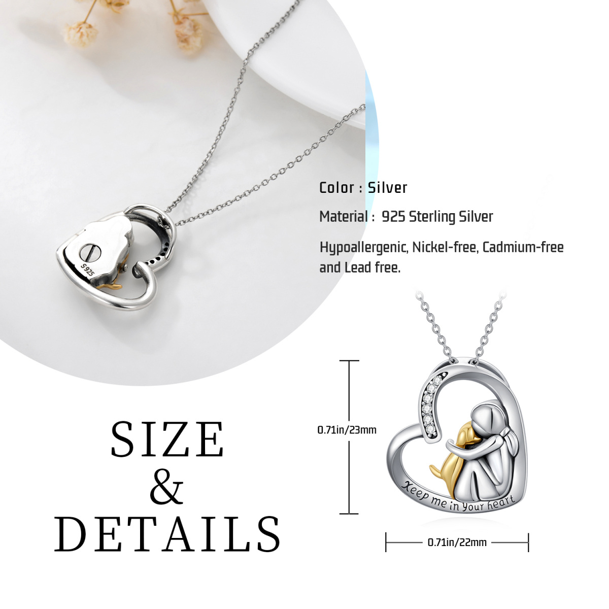 Sterling Silver Two-tone Cubic Zirconia Dog & Heart Urn Necklace for Ashes with Engraved Word-5