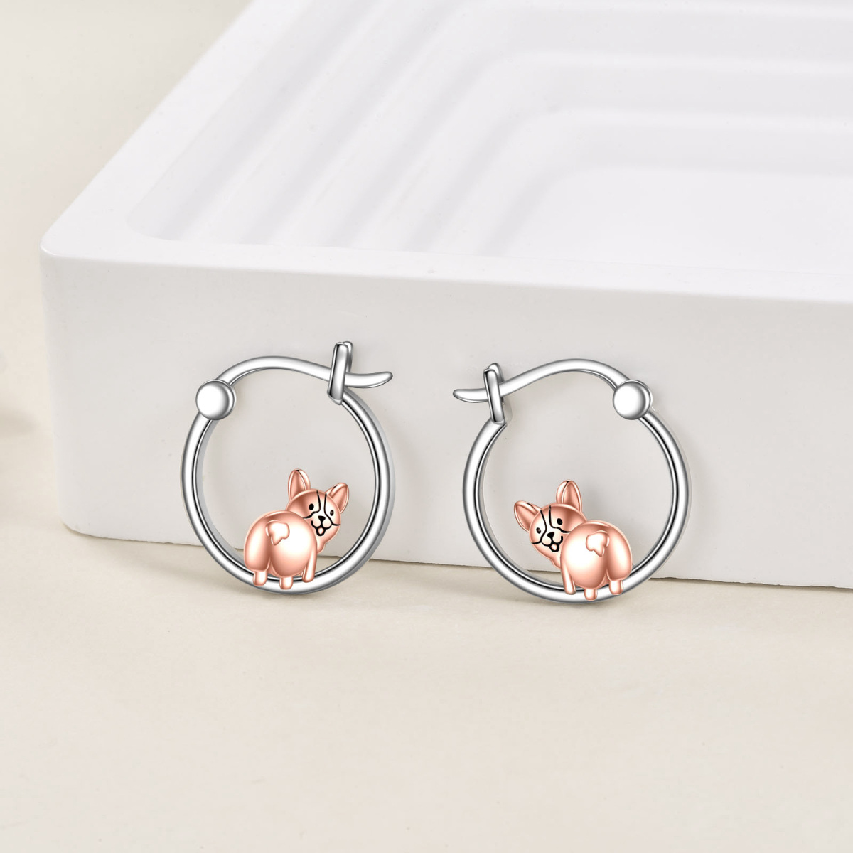 Sterling Silver Two-tone Dog Hoop Earrings-3