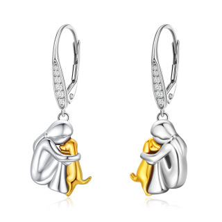 Sterling Silver Two-tone Cubic Zirconia Dog Lever-back Earrings-2