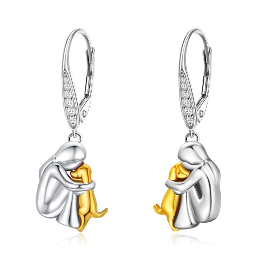 Sterling Silver Two-tone Cubic Zirconia Dog Lever-back Earrings