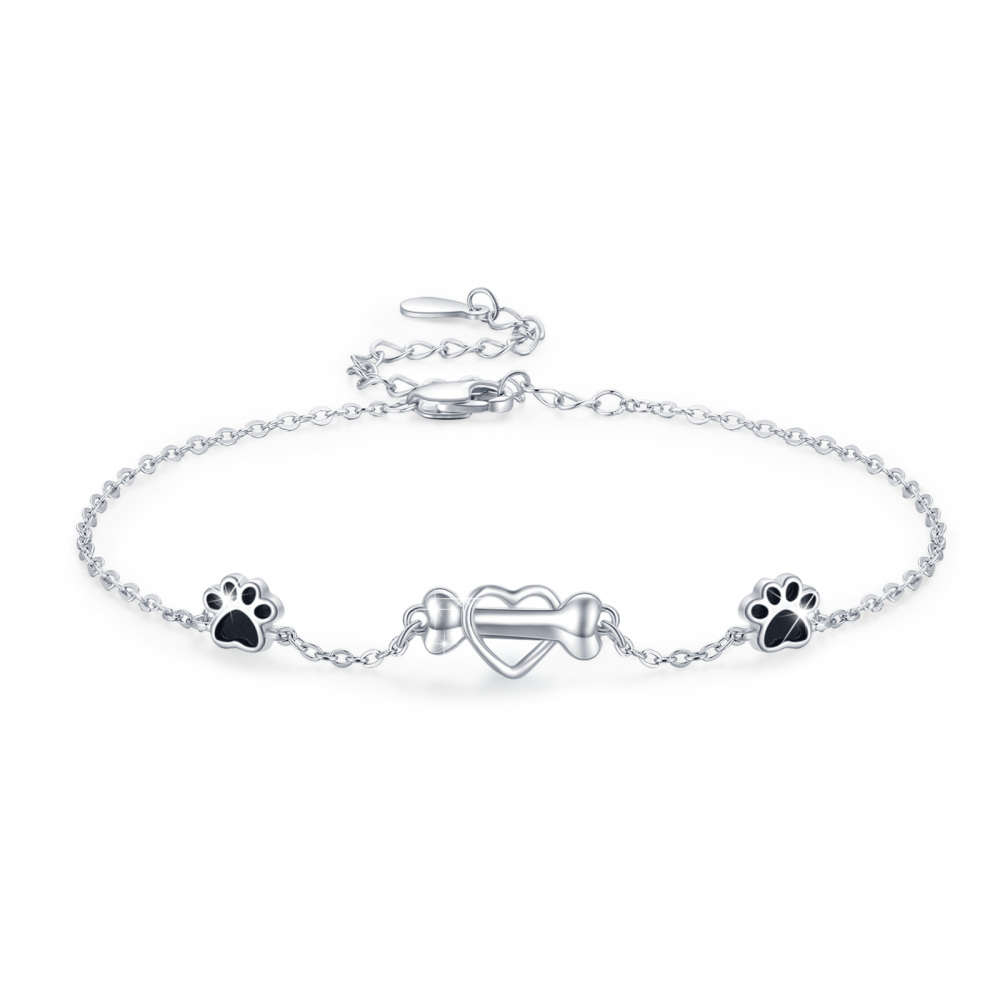 Sterling Silver Heart Dog Paw & Bone Charm Bracelet For Dog Lovers Girl-1