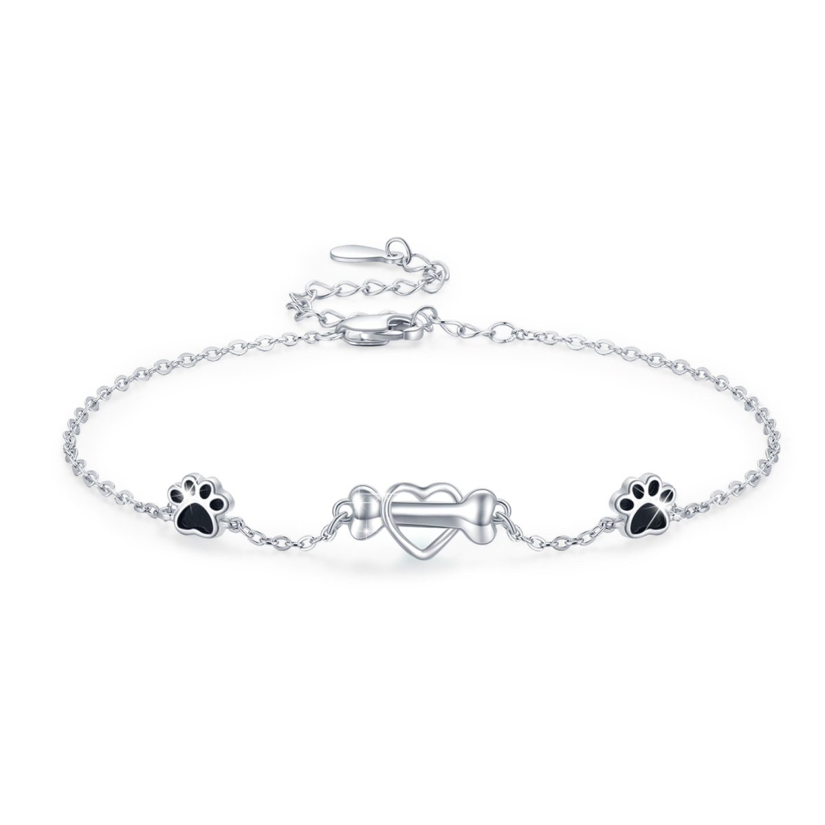 Bracciale con ciondolo con zampa di cane e osso in argento sterling con cuore per ragazza amante dei cani-1