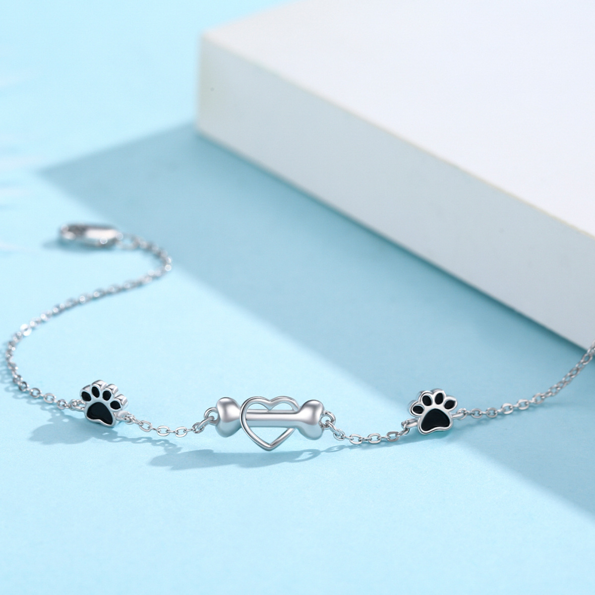 Pulsera con dije de hueso y pata de perro en forma de corazón de plata esterlina para niñas amantes de los perros-4