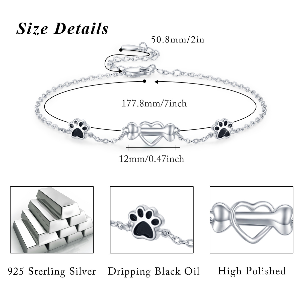 Bracelet à breloques en forme de patte et d'os de chien en forme de cœur en argent sterling pour fille amoureuse des chiens-5