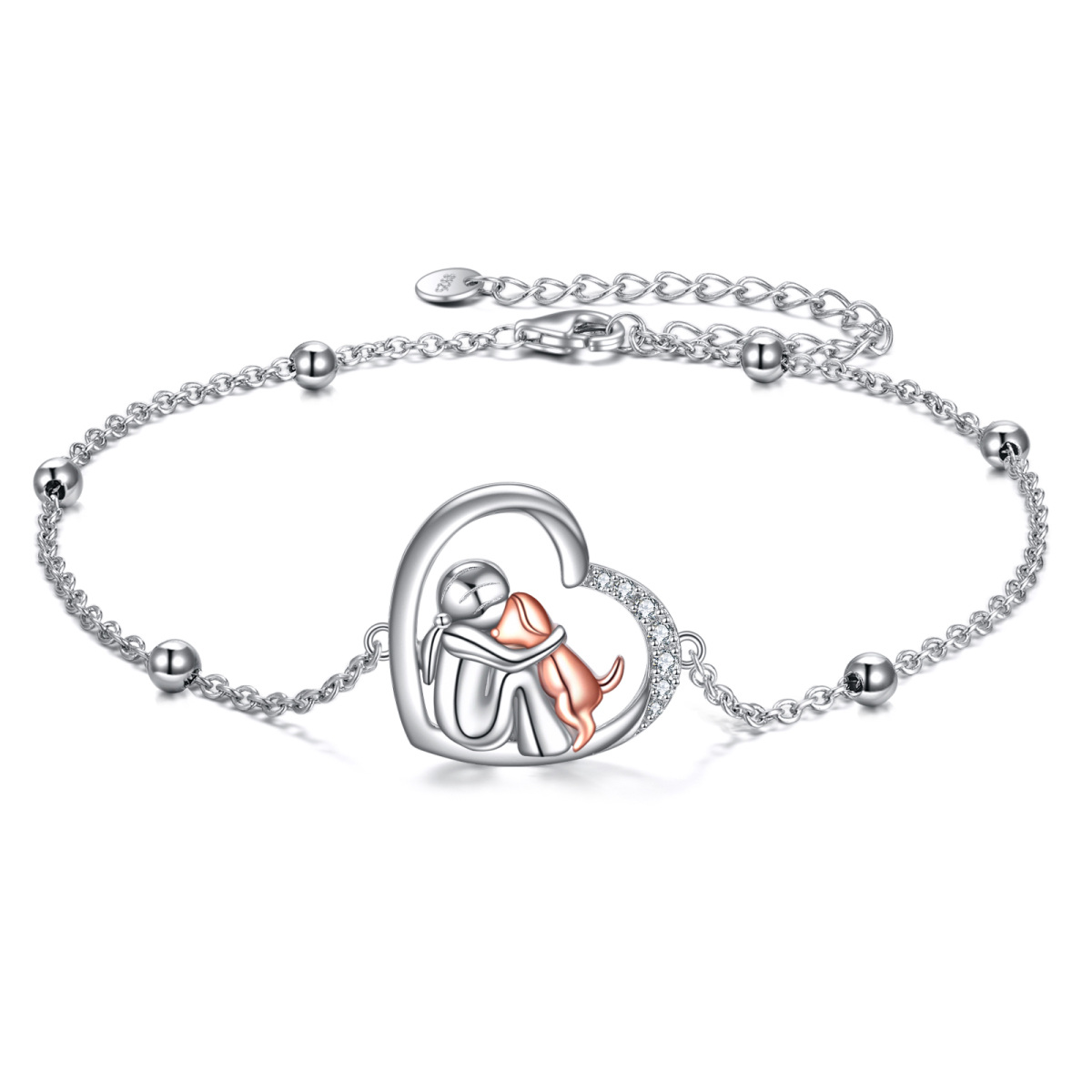 Sterling Silver Two-tone Cubic Zirconia Dog Pendant Bracelet-1