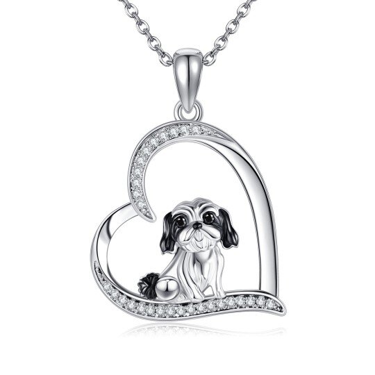 Sterling Silver Two-tone Cubic Zirconia Dog Pendant Necklace