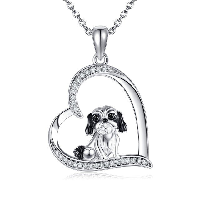 Sterling Silver Two-tone Cubic Zirconia Dog Pendant Necklace-1