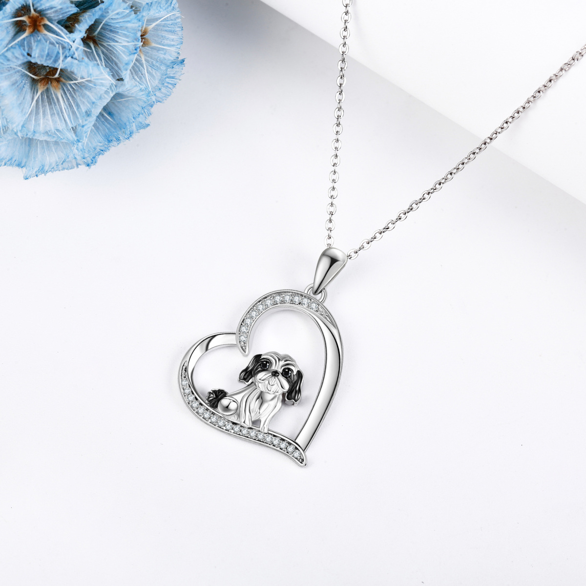 Sterling Silver Two-tone Cubic Zirconia Dog Pendant Necklace-3