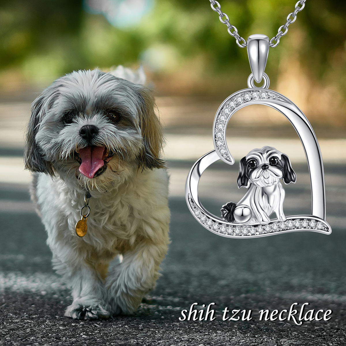 Sterling Silver Two-tone Cubic Zirconia Dog Pendant Necklace-6