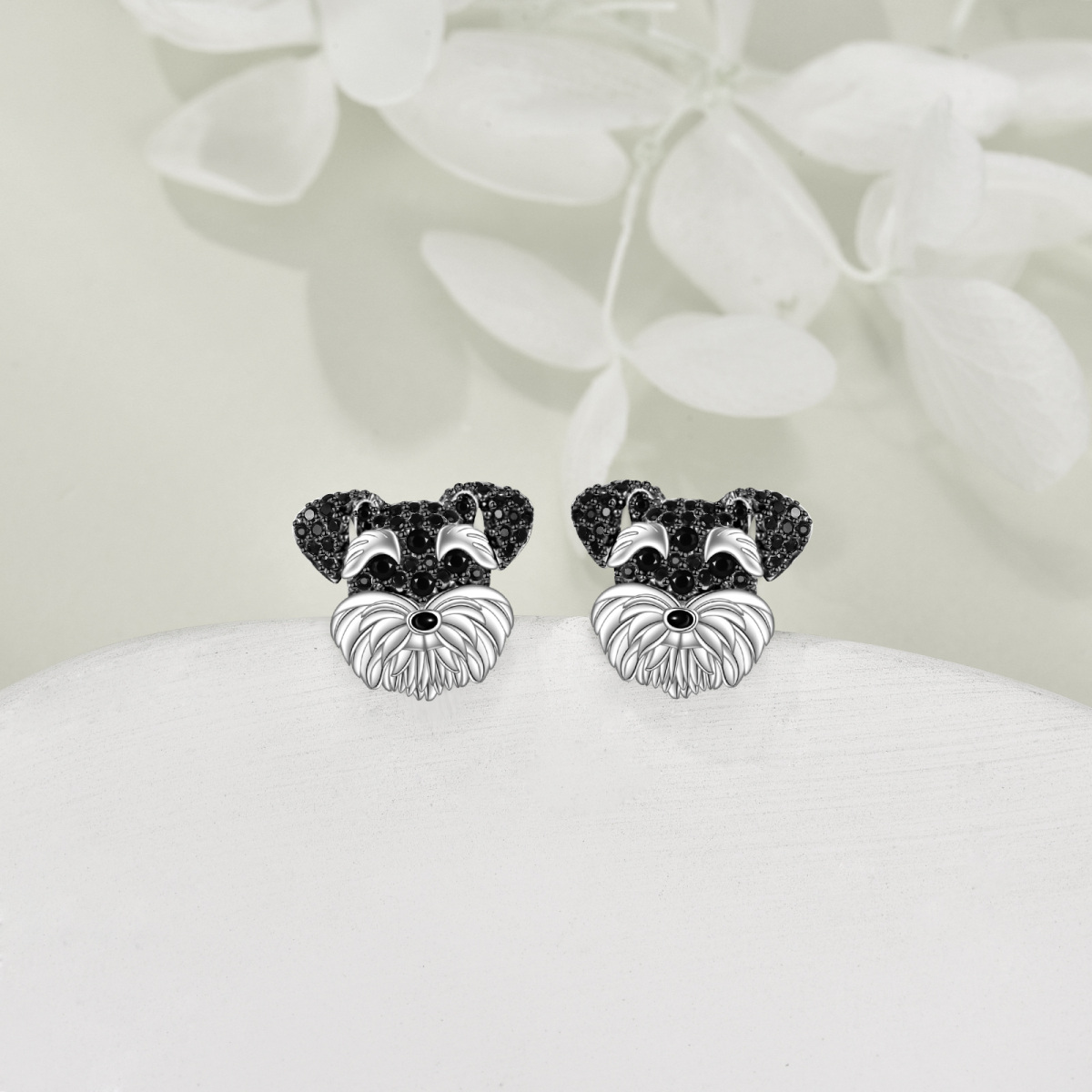 Sterling Silver Two-tone Cubic Zirconia Dog Stud Earrings-3