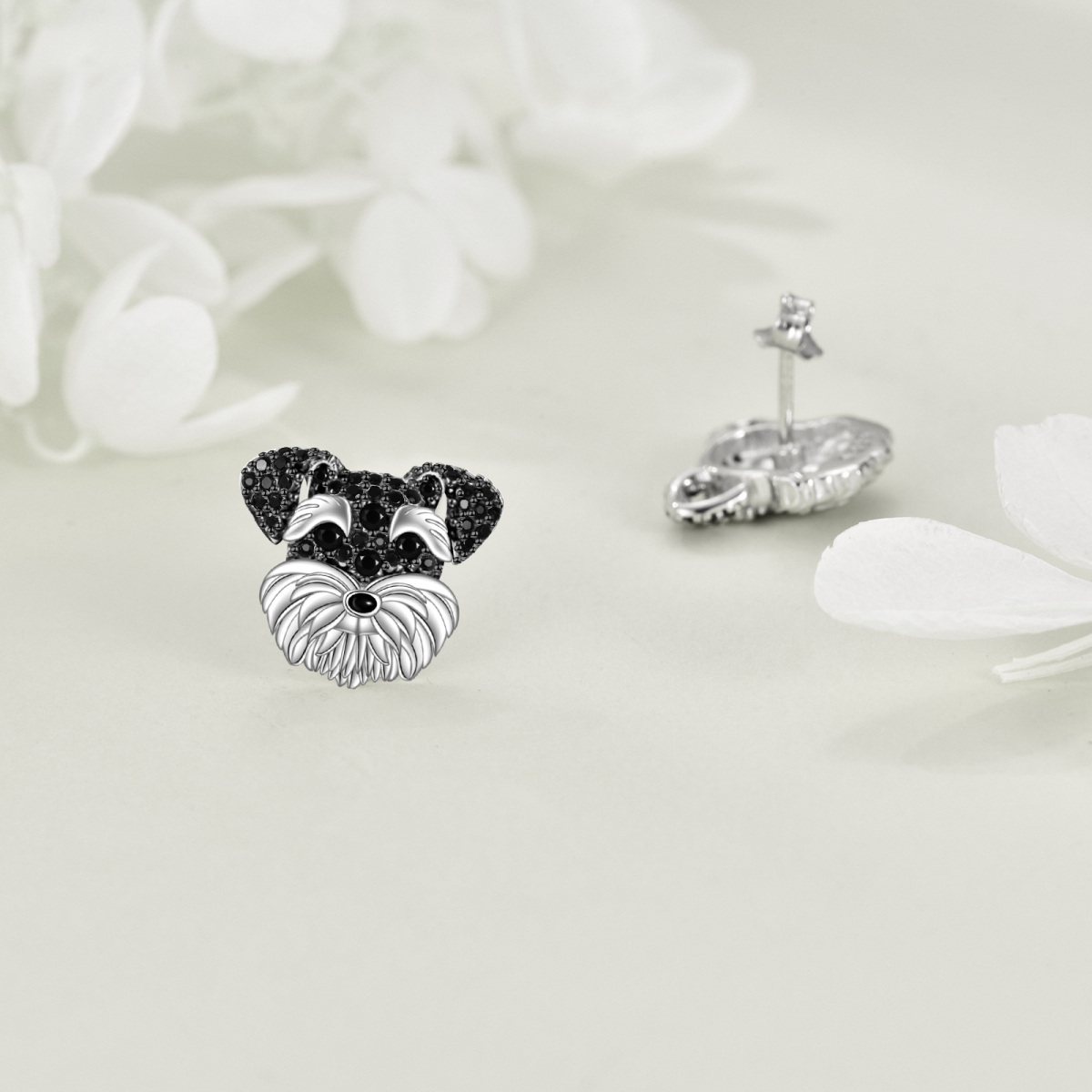 Sterling Silver Two-tone Cubic Zirconia Dog Stud Earrings-4