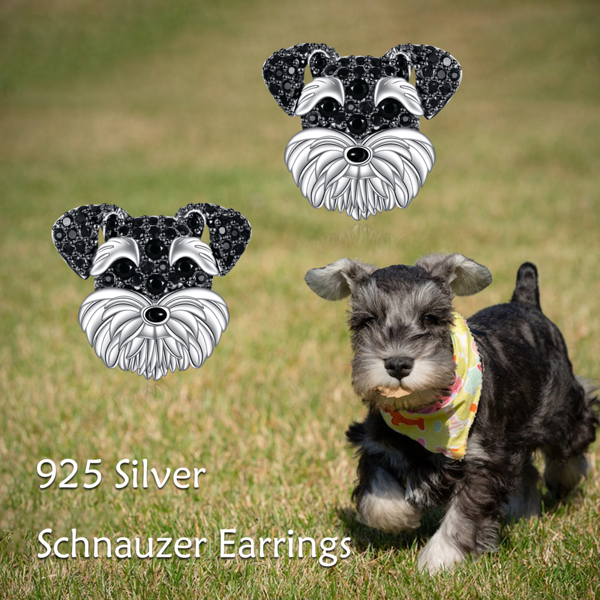 Sterling Silver Two-tone Cubic Zirconia Dog Stud Earrings-6