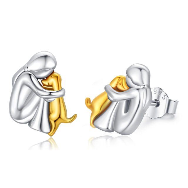 Sterling Silver Two-tone Dog Stud Earrings-1